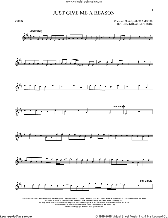 Just Give Me A Reason sheet music for violin solo by Pink featuring Nate Ruess, Alecia Moore, Jeff Bhasker and Nate Ruess, intermediate skill level