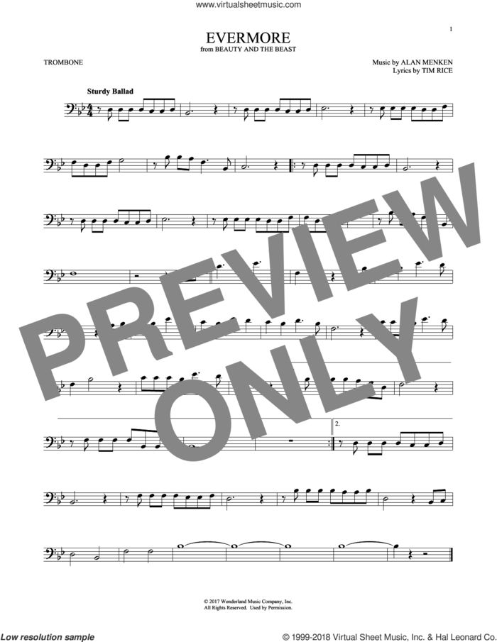 Evermore (from Beauty and the Beast) sheet music for trombone solo by Josh Groban, Alan Menken and Tim Rice, intermediate skill level