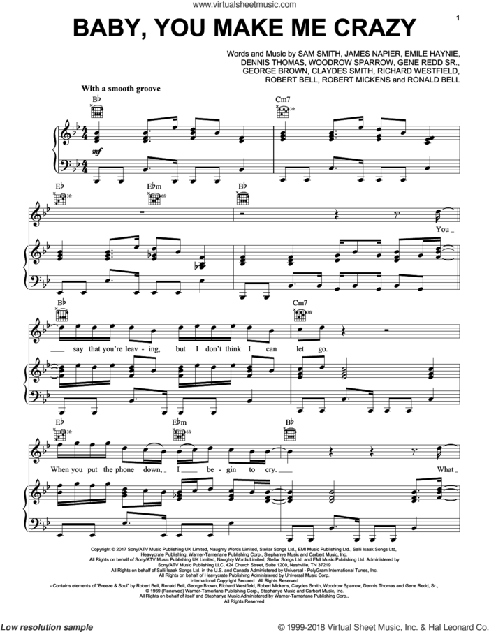 Baby, You Make Me Crazy sheet music for voice, piano or guitar by Sam Smith, Claydes Smith, Dennis Thomas, Emile Haynie, Gene Reed Sr., George Brown, James Napier, Richard Westfield, Robert Bell, Robert Mickens, Ronald Bell and Woodrow Sparrow, intermediate skill level