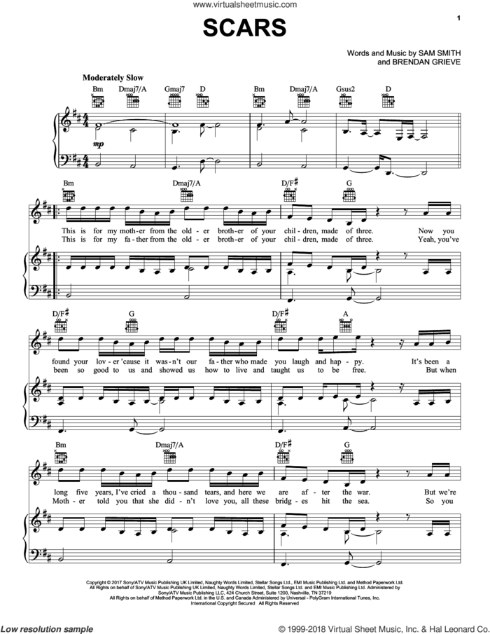 Scars sheet music for voice, piano or guitar by Sam Smith and Brendan Grieve, intermediate skill level