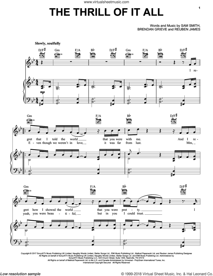 The Thrill Of It All sheet music for voice, piano or guitar by Sam Smith, Brendan Grieve and Reuben James, intermediate skill level
