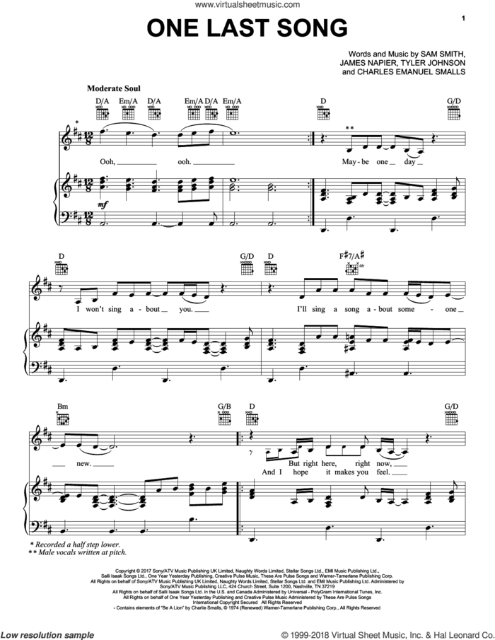 One Last Song sheet music for voice, piano or guitar by Sam Smith, Charles Emanuel Smalls, James Napier and Tyler Johnson, intermediate skill level