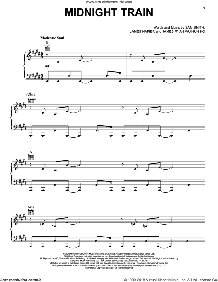 Midnight Train sheet music for voice, piano or guitar by Sam Smith, James Napier and James Ryan Wuihun Ho, intermediate skill level