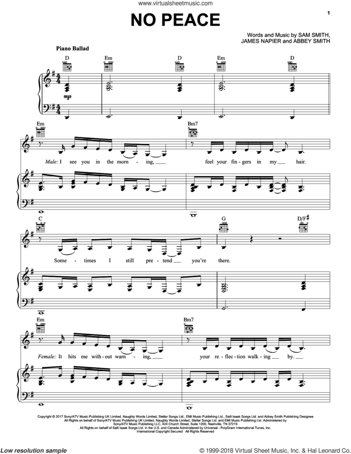 No Peace (feat. YEBBA) sheet music for voice, piano or guitar by Sam Smith feat. Yebba, YEBBA, Abbey Smith, James Napier and Sam Smith, intermediate skill level