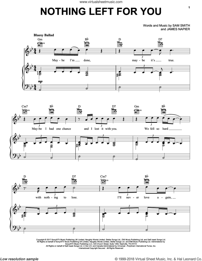 Nothing Left For You sheet music for voice, piano or guitar by Sam Smith and James Napier, intermediate skill level