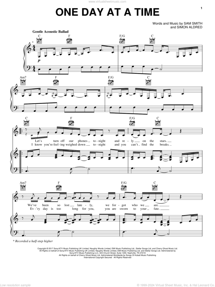 One Day At A Time sheet music for voice, piano or guitar by Sam Smith and Simon Aldred, intermediate skill level