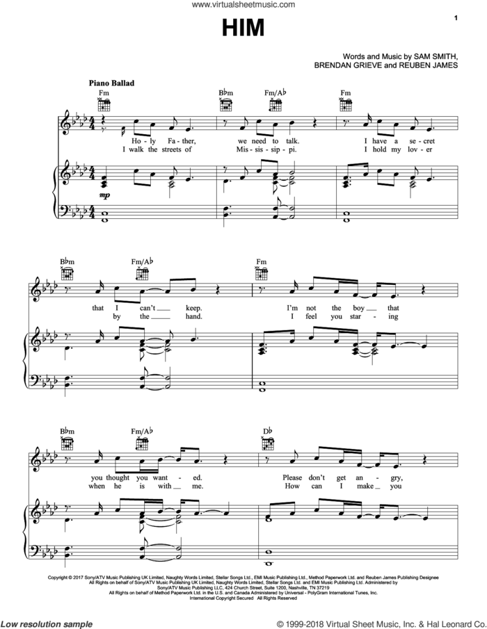 Him sheet music for voice, piano or guitar by Sam Smith, Brendan Grieve and Reuben James, intermediate skill level