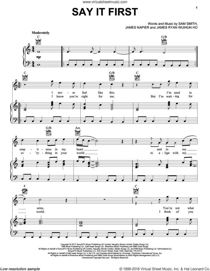 Say It First sheet music for voice, piano or guitar by Sam Smith, James Napier and James Ryan Wuihun Ho, intermediate skill level