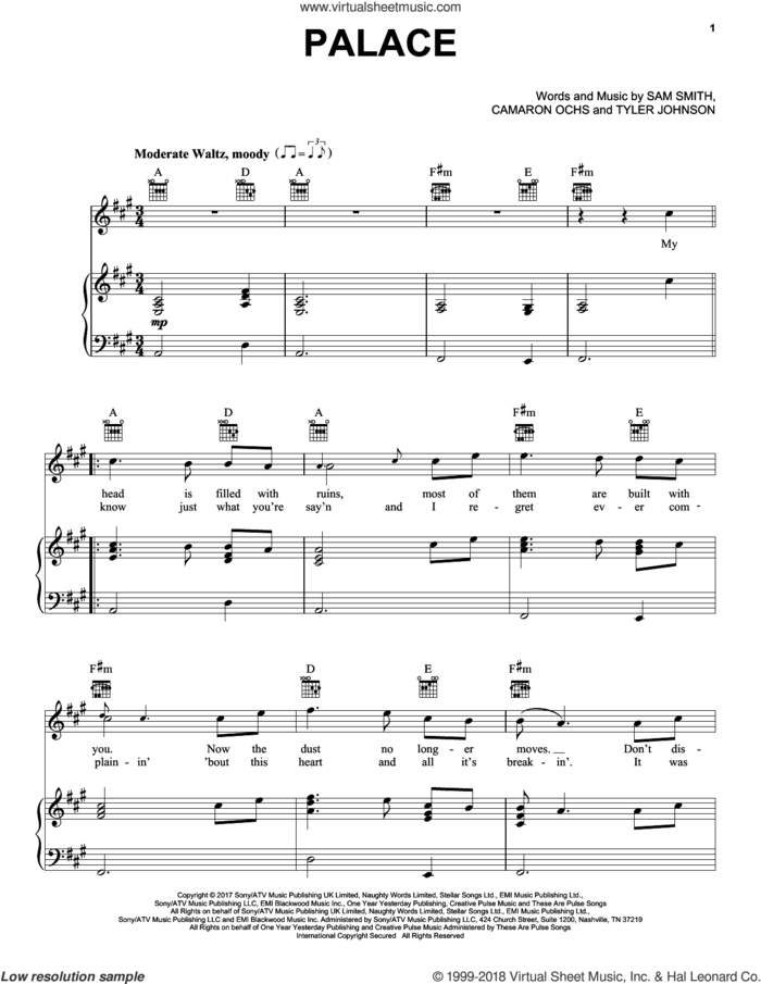 Palace sheet music for voice, piano or guitar by Sam Smith, Camaron Ochs and Tyler Johnson, intermediate skill level