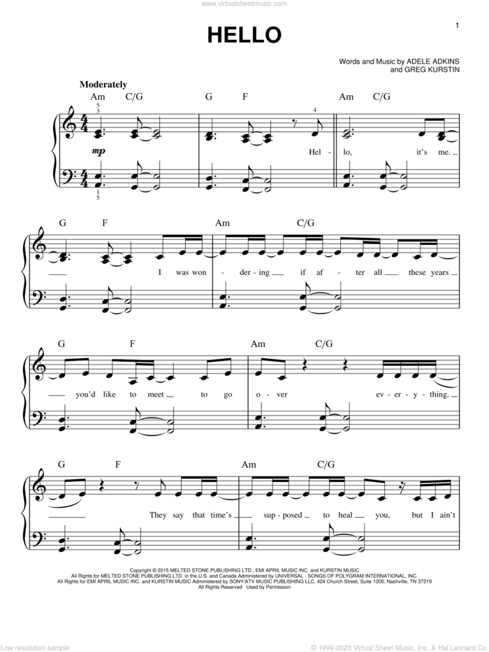 Hello, (beginner) sheet music for piano solo by Adele, Adele Adkins and Greg Kurstin, beginner skill level