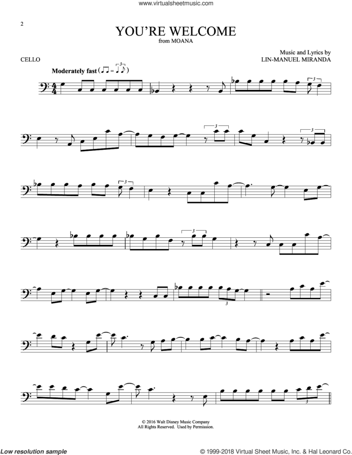 You're Welcome (from Moana) sheet music for cello solo by Lin-Manuel Miranda, intermediate skill level