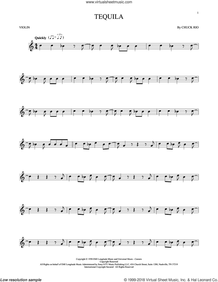 Tequila sheet music for violin solo by The Champs and Chuck Rio, intermediate skill level