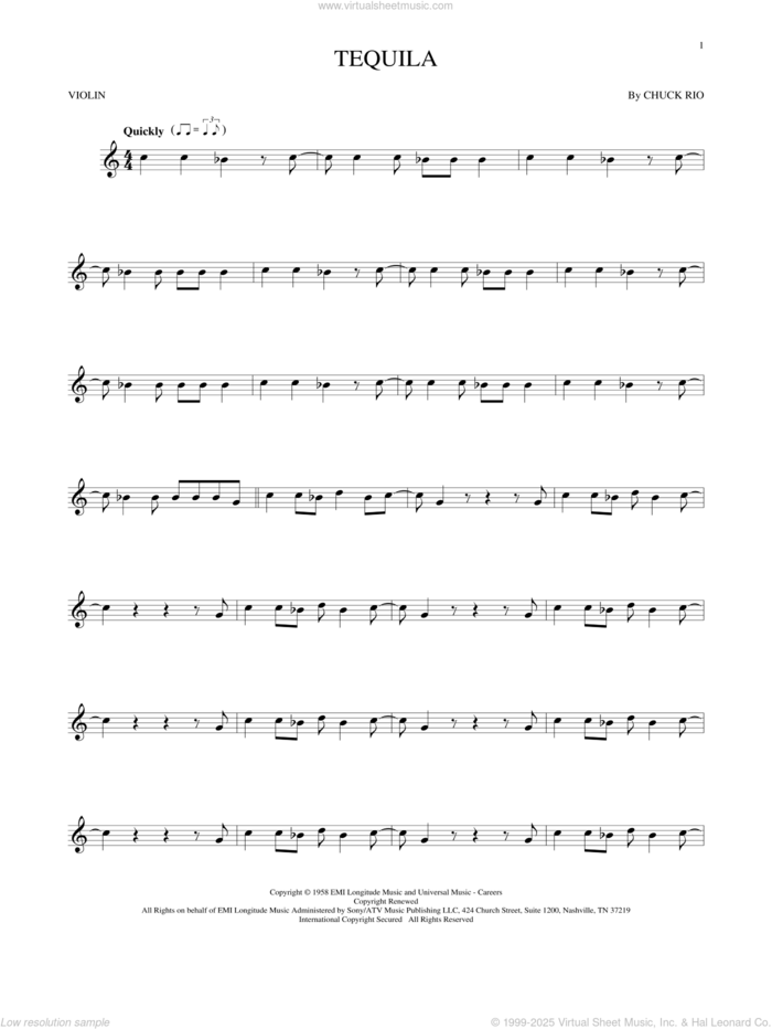 Tequila sheet music for violin solo by The Champs and Chuck Rio, intermediate skill level
