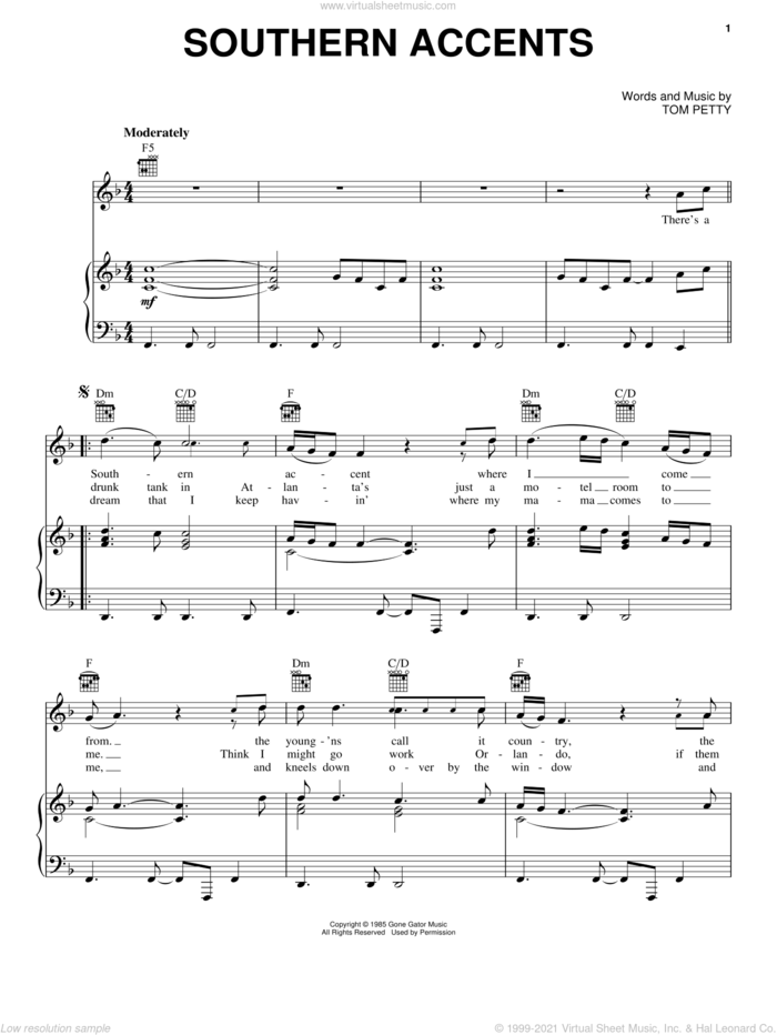 Southern Accents sheet music for voice, piano or guitar by Tom Petty, intermediate skill level