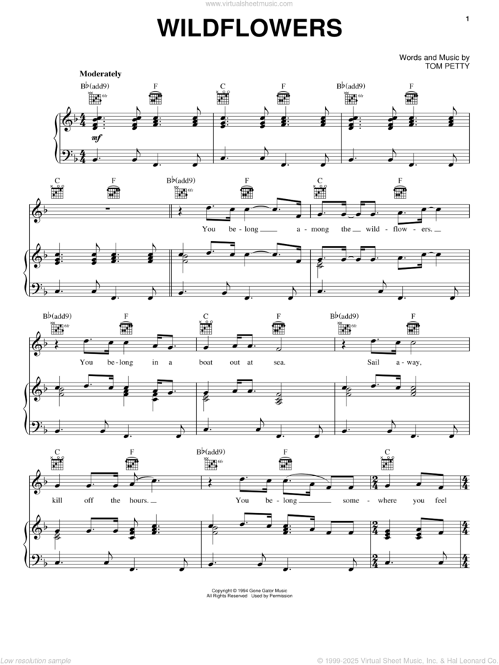 Wildflowers sheet music for voice, piano or guitar by Tom Petty, intermediate skill level