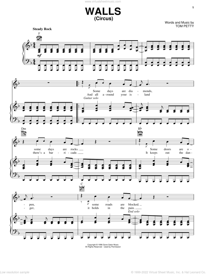 Walls (Circus) sheet music for voice, piano or guitar by Tom Petty, intermediate skill level