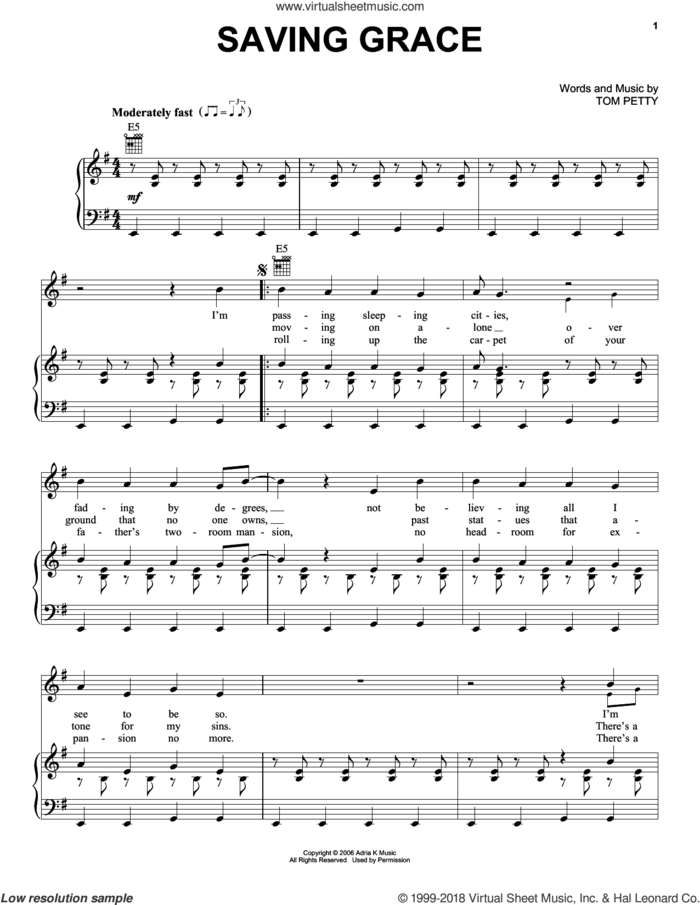 Saving Grace sheet music for voice, piano or guitar by Tom Petty, intermediate skill level