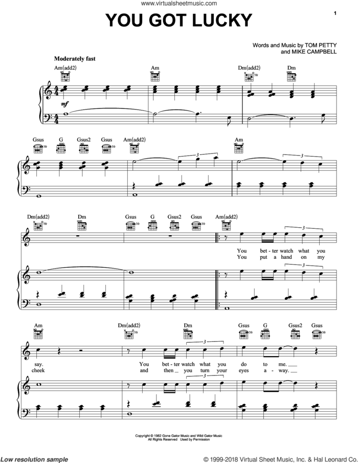 You Got Lucky sheet music for voice, piano or guitar by Tom Petty and Mike Campbell, intermediate skill level