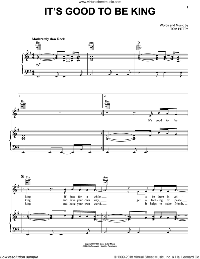 It's Good To Be King sheet music for voice, piano or guitar by Tom Petty, intermediate skill level