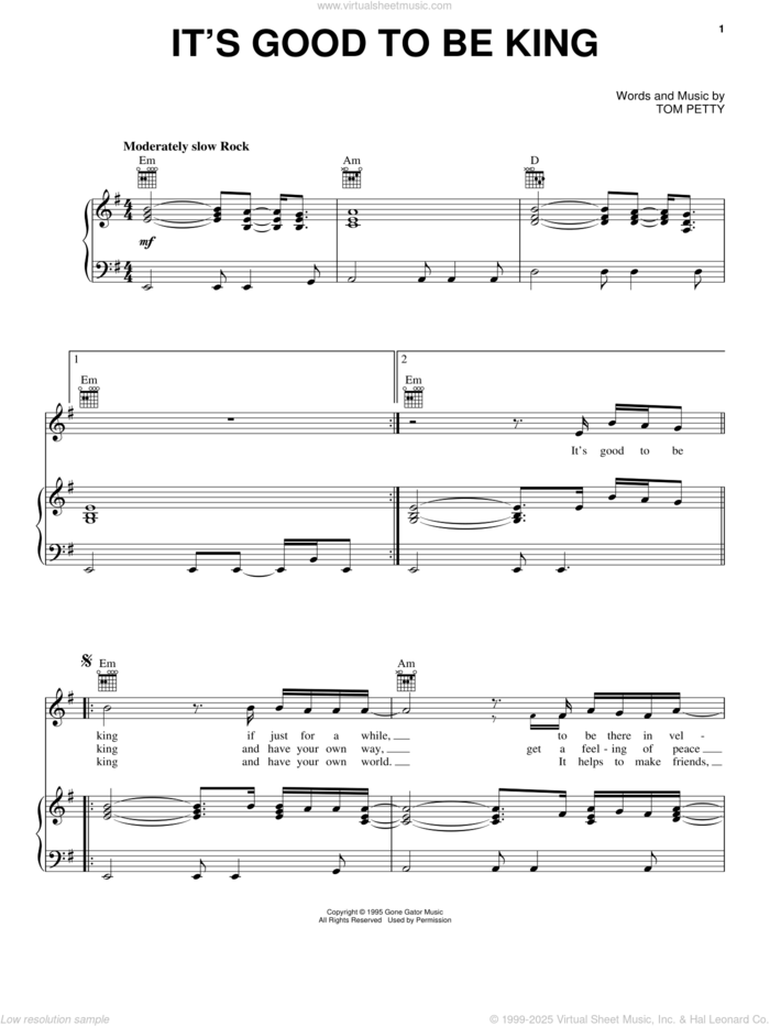 It's Good To Be King sheet music for voice, piano or guitar by Tom Petty, intermediate skill level