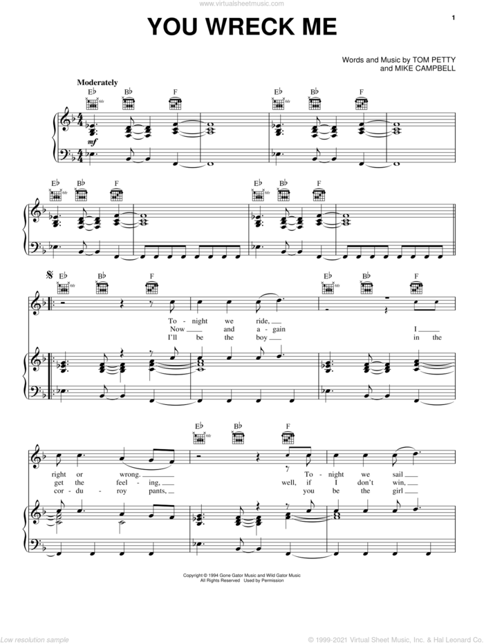 You Wreck Me sheet music for voice, piano or guitar by Tom Petty and Mike Campbell, intermediate skill level