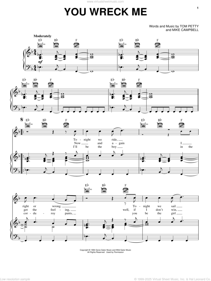 You Wreck Me sheet music for voice, piano or guitar by Tom Petty and Mike Campbell, intermediate skill level