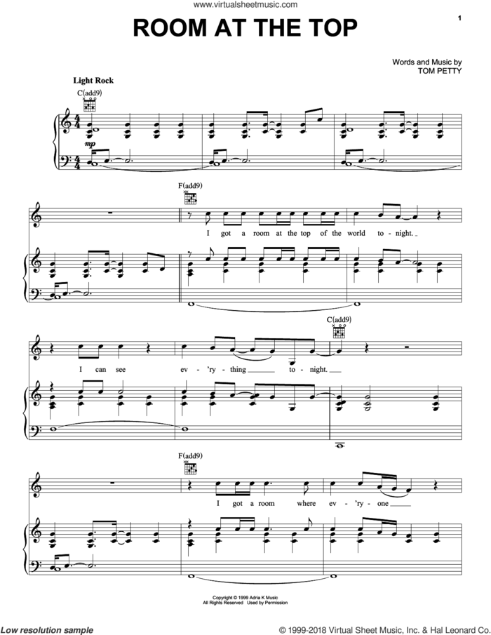Room At The Top sheet music for voice, piano or guitar by Tom Petty, intermediate skill level