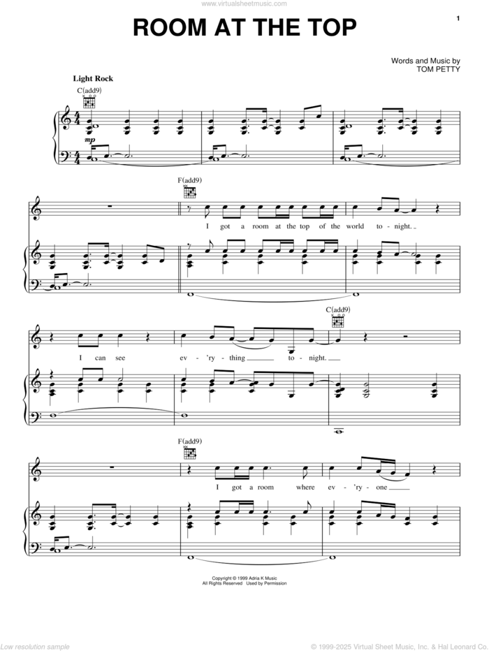 Room At The Top sheet music for voice, piano or guitar by Tom Petty, intermediate skill level