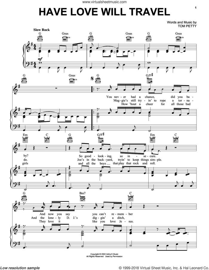 Have Love Will Travel sheet music for voice, piano or guitar by Tom Petty, intermediate skill level