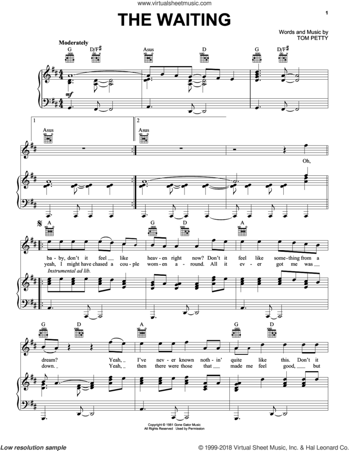 The Waiting sheet music for voice, piano or guitar by Tom Petty, intermediate skill level