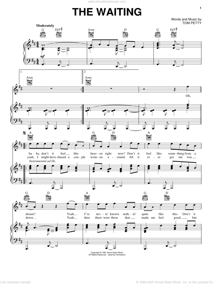 The Waiting sheet music for voice, piano or guitar by Tom Petty, intermediate skill level