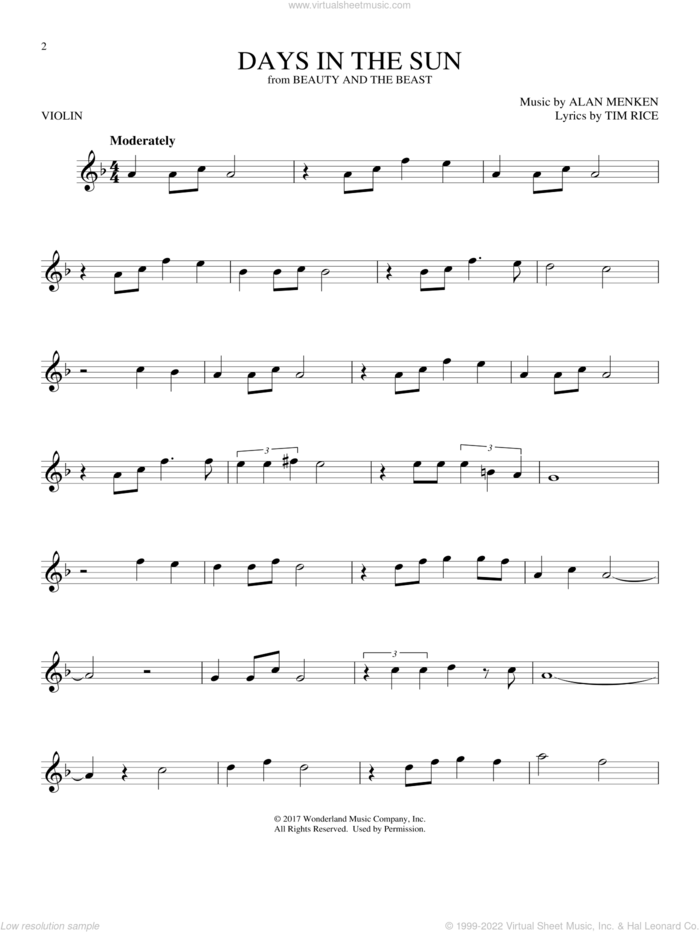 Days In The Sun (from Beauty And The Beast) sheet music for violin solo by Alan Menken and Tim Rice, intermediate skill level