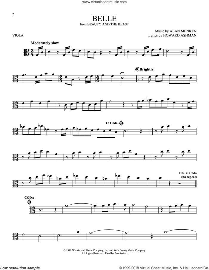 Belle (from Beauty And The Beast) sheet music for viola solo by Alan Menken & Howard Ashman, Alan Menken and Howard Ashman, intermediate skill level