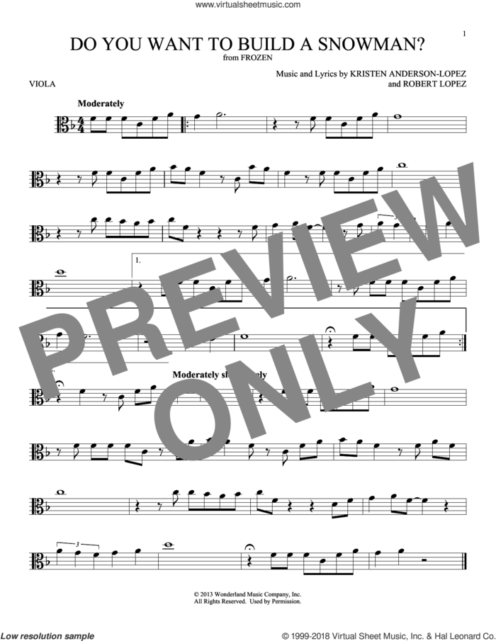 Do You Want To Build A Snowman? (from Frozen) sheet music for viola solo by Kristen Bell, Agatha Lee Monn & Katie Lopez, Kristen Anderson-Lopez and Robert Lopez, intermediate skill level