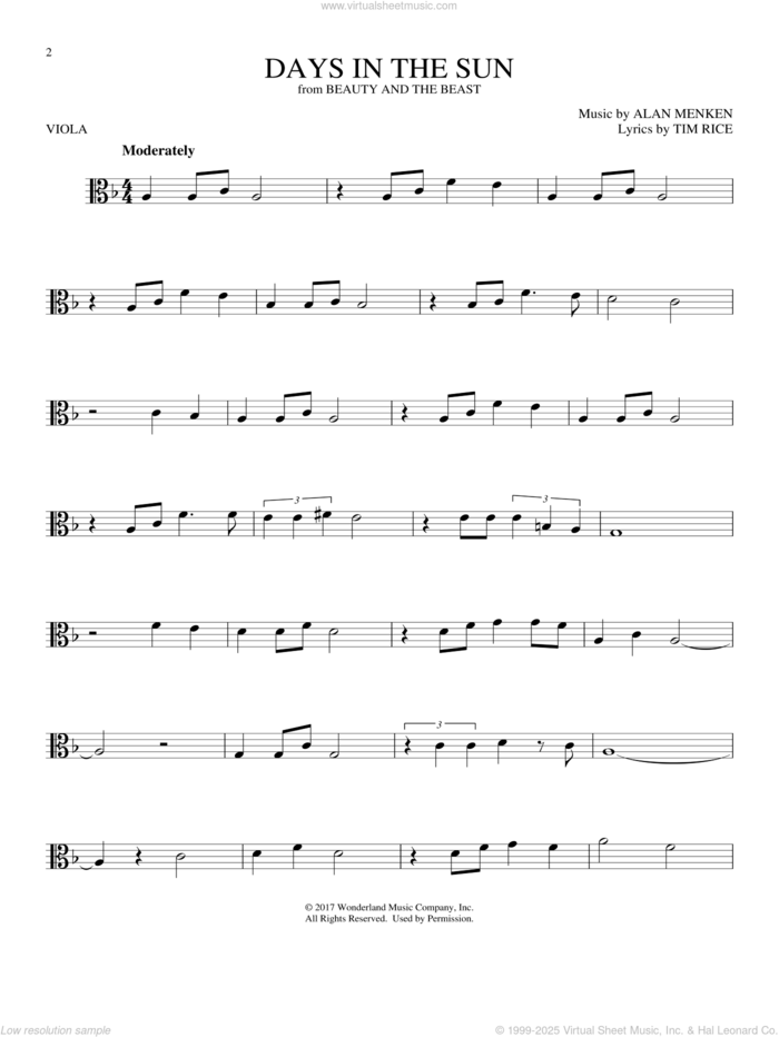 Days In The Sun (from Beauty And The Beast) sheet music for viola solo by Alan Menken & Tim Rice, Alan Menken and Tim Rice, intermediate skill level