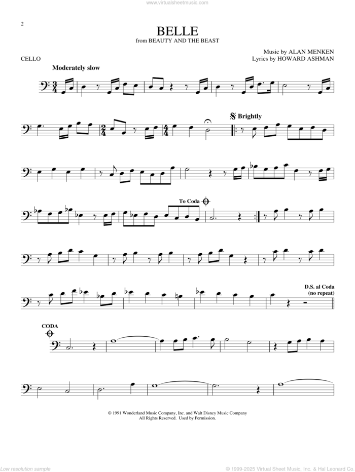 Belle (from Beauty And The Beast) sheet music for cello solo by Alan Menken & Howard Ashman, Alan Menken and Howard Ashman, intermediate skill level