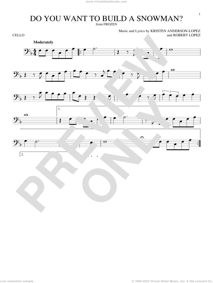 Do You Want To Build A Snowman? (from Frozen) sheet music for cello solo by Kristen Bell, Agatha Lee Monn & Katie Lopez, Kristen Anderson-Lopez and Robert Lopez, intermediate skill level
