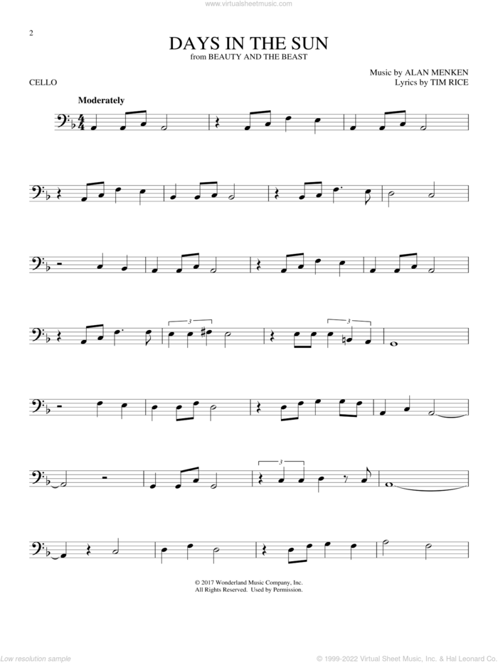 Days In The Sun (from Beauty And The Beast) sheet music for cello solo by Alan Menken and Tim Rice, intermediate skill level