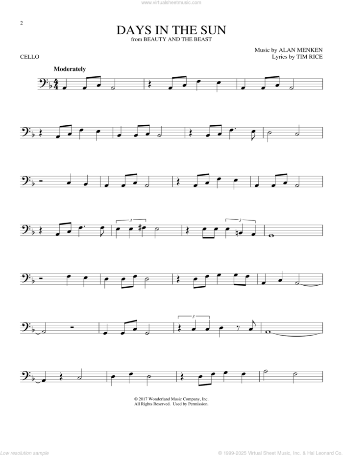 Days In The Sun (from Beauty And The Beast) sheet music for cello solo by Alan Menken & Tim Rice, Alan Menken and Tim Rice, intermediate skill level