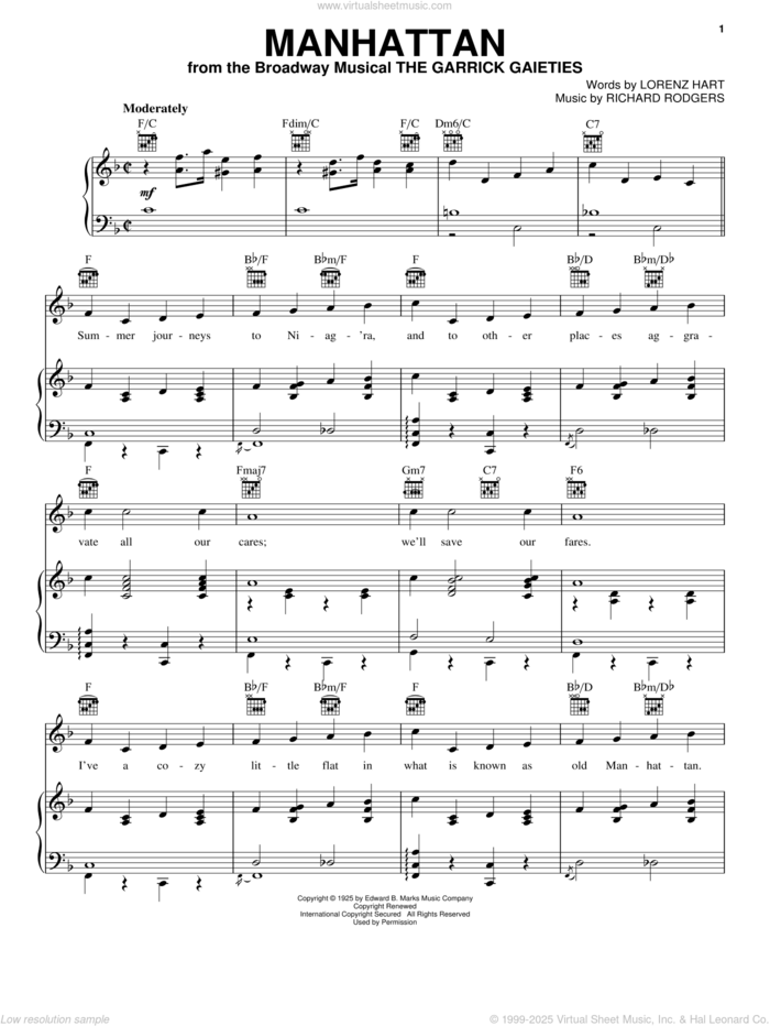 Manhattan sheet music for voice, piano or guitar by Rodgers & Hart, Lorenz Hart and Richard Rodgers, intermediate skill level