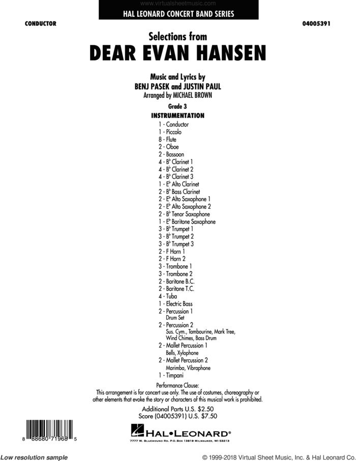Selections from Dear Evan Hansen (COMPLETE) sheet music for concert band by Michael Brown, Benj Pasek and Justin Paul and Pasek & Paul, intermediate skill level
