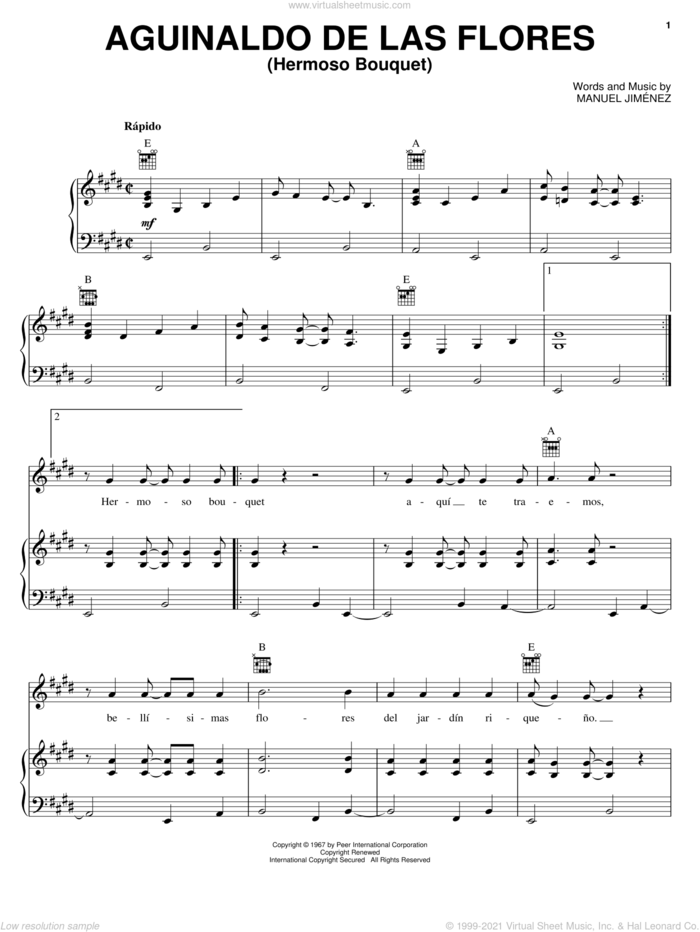 Aguinaldo De Las Flores (Hermoso Bouquet) sheet music for voice, piano or guitar by Manuel Jimenez, intermediate skill level