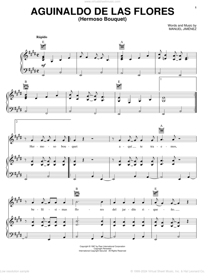 Aguinaldo De Las Flores (Hermoso Bouquet) sheet music for voice, piano or guitar by Manuel Jimenez, intermediate skill level