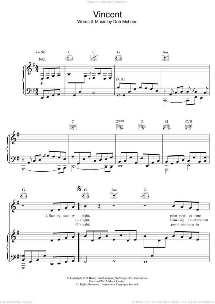 Vincent (Starry Starry Night) sheet music for voice, piano or guitar by James Blake and Don McLean, intermediate skill level