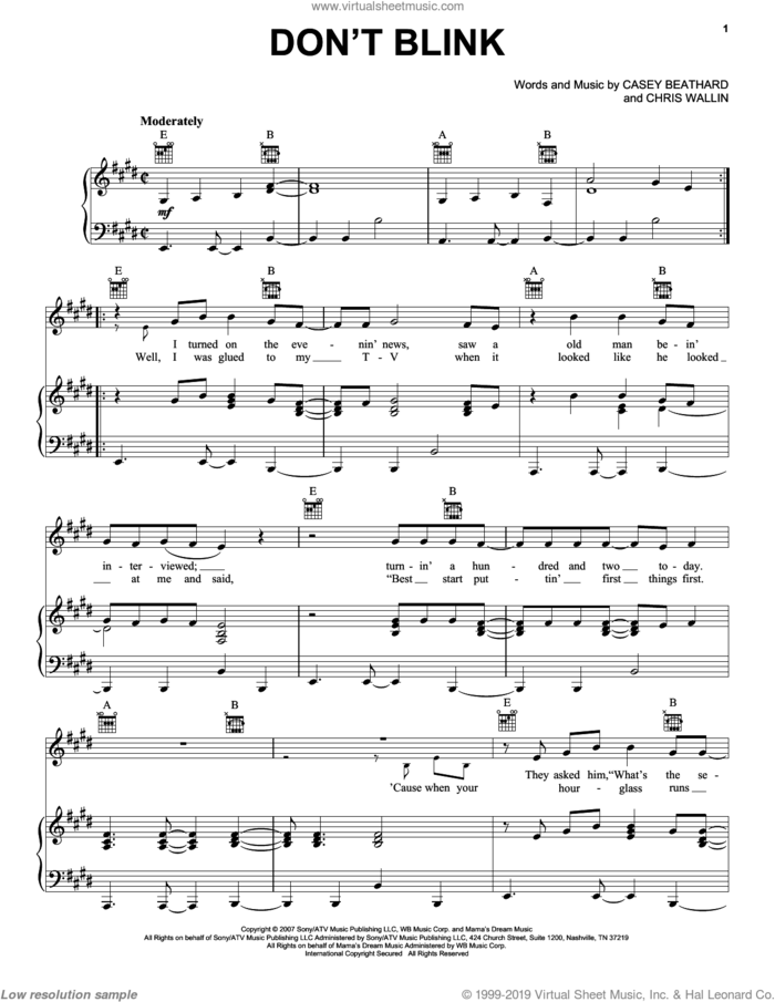 Don't Blink sheet music for voice, piano or guitar by Kenny Chesney, Casey Beathard and Chris Wallin, intermediate skill level
