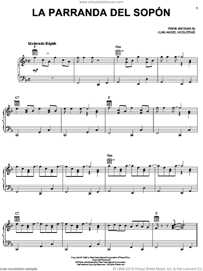 La Parranda Del Sopon sheet music for voice, piano or guitar by Juan Angel Nogueras, intermediate skill level