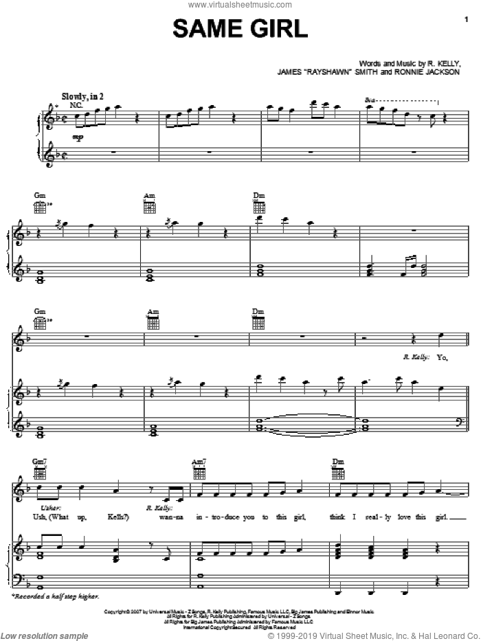 Same Girl sheet music for voice, piano or guitar by R Kelly with Usher, Gary Usher, James 'Rayshawn' Smith, Robert Kelly and Ronnie Jackson, intermediate skill level