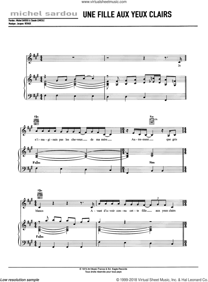 Une Fille Aux Yeux Clairs sheet music for voice, piano or guitar by Michel Sardou, Claude Lemesle and Jacques Revaud, intermediate skill level