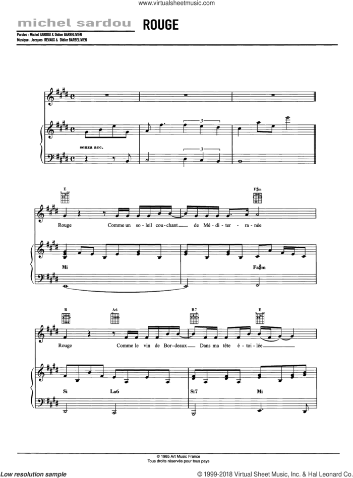 Rouge sheet music for voice, piano or guitar by Michel Sardou, Didier Barbelivien and Jacques Revaux, intermediate skill level