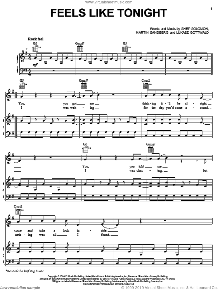 Feels Like Tonight sheet music for voice, piano or guitar by Daughtry, Lukasz Gottwald, Martin Sandberg and Sheppard Solomon, intermediate skill level